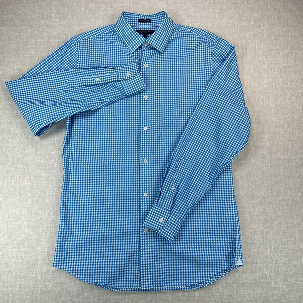 Banana Republic Shirt Mens M Blue White Gingham Grant Fit Non Iron Long Sleeve